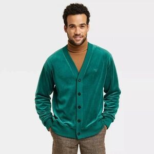 Houston White Unisex Dark Green Button Down Velour Luxurious Cardigan Medium